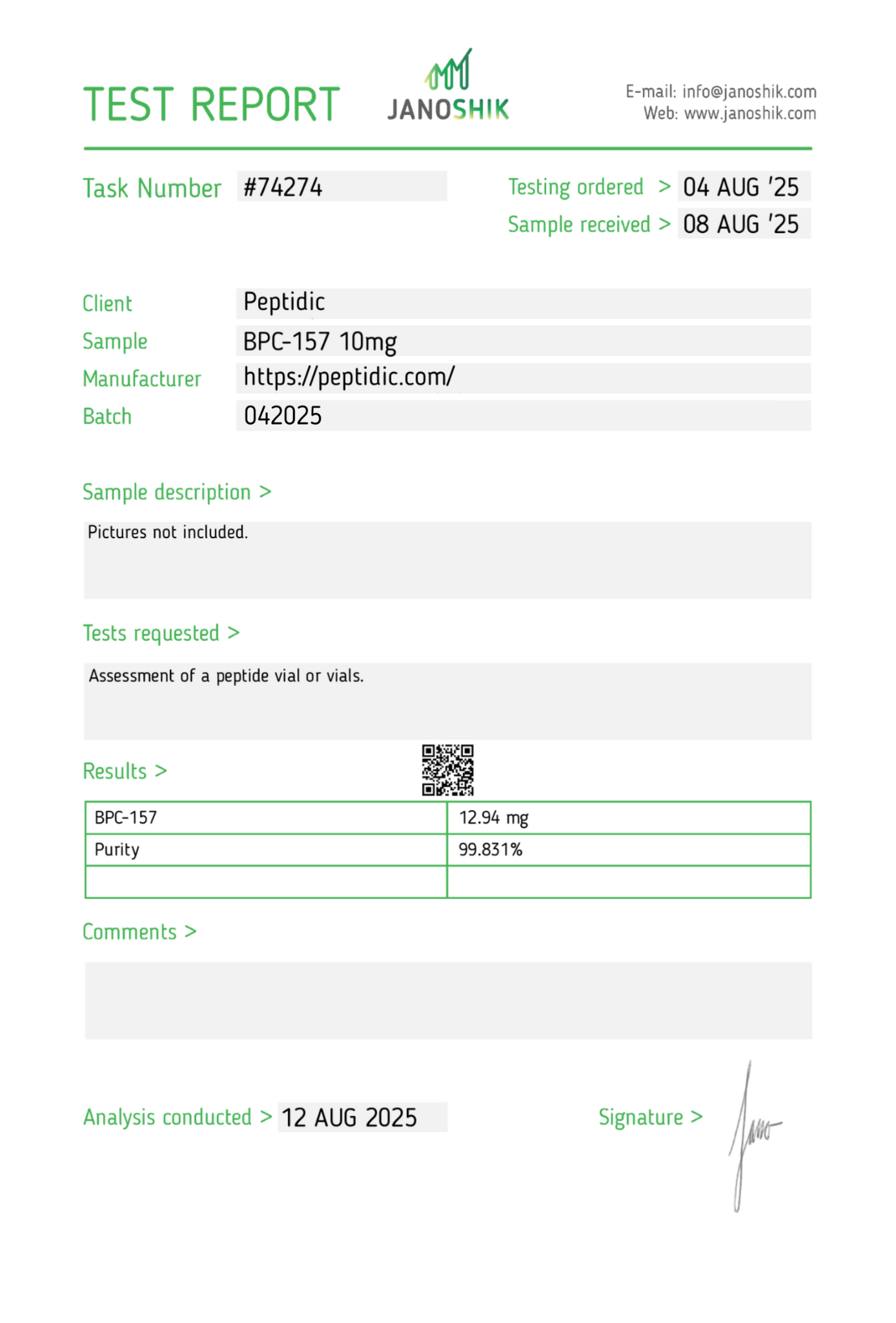 BPC-157 – 10mg Certificate