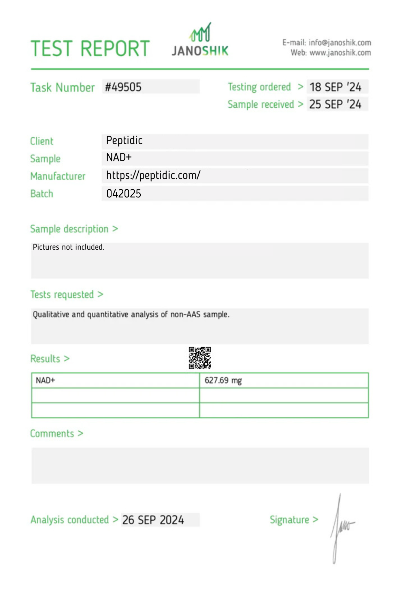 NAD+ 500mg (new adjusted pH) LYOPHILIZED Certificate