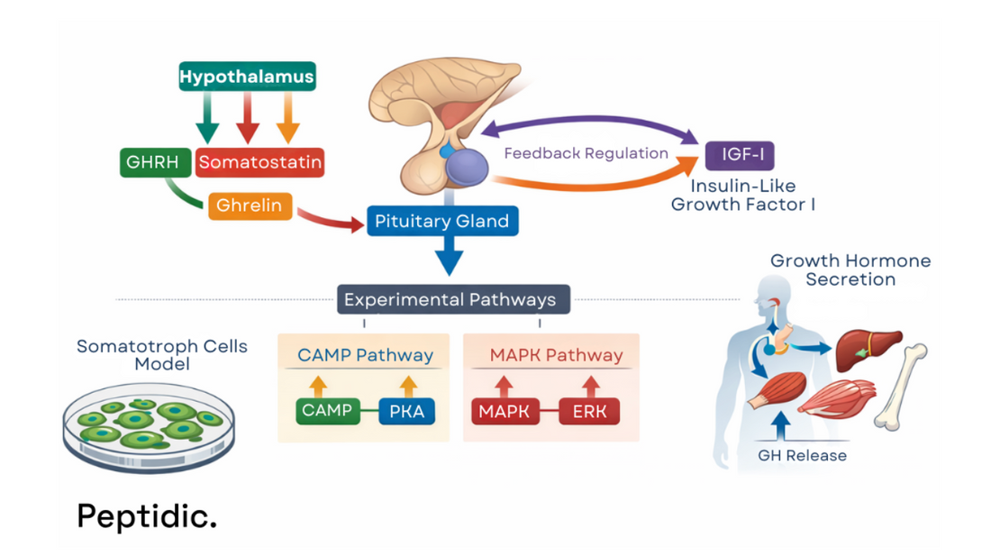Diagram image showing neuroendocrine regulation of growth hormone signaling in experimental pituitary models.