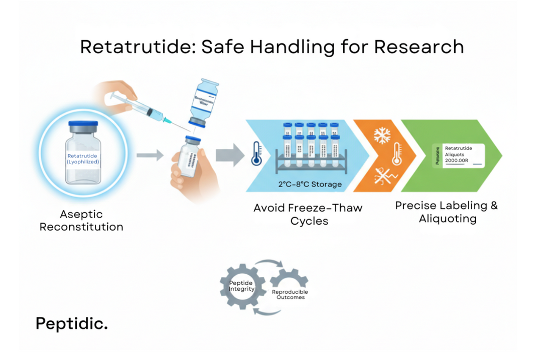 Infographic showing safe Retatrutide handling steps, including reconstitution, storage, labeling, and peptide integrity.