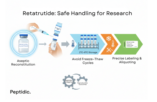 Infographic showing safe Retatrutide handling steps, including reconstitution, storage, labeling, and peptide integrity.
