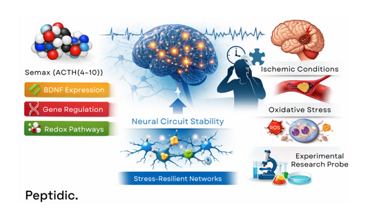 Diagram illustrating Semax-related molecular pathways influencing neural circuit stability under cognitive load conditions.