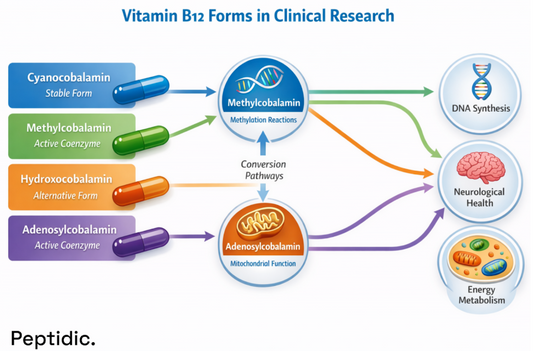 Vitamin B12 forms showing roles in DNA synthesis, neurological health, and energy metabolism.