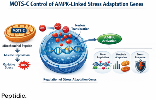 MOTS-C regulating AMPK-linked stress adaptation and gene expression under metabolic stress.