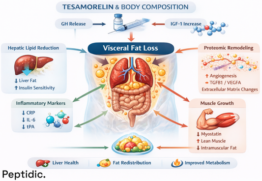 Tesamorelin mechanism showing visceral fat loss, IGF-1 increase, liver fat reduction, and muscle composition changes.