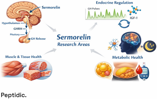 Sermorelin research areas diagram showing endocrine regulation, GH release, IGF-1 signaling, muscle tissue health, brain function, and metabolic pathways.