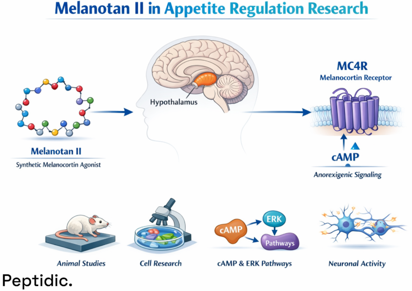 Melanotan II appetite regulation research diagram showing MC4R signaling, hypothalamus pathways, and cAMP-ERK neuronal activity.