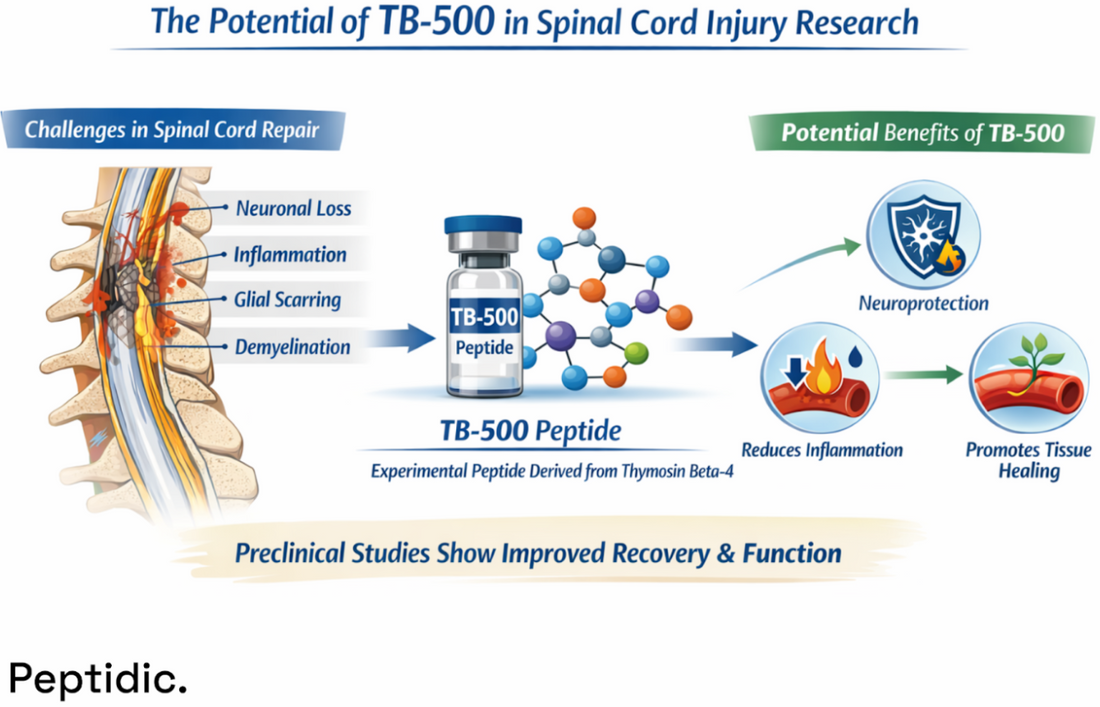 TB-500 peptide infographic showing spinal cord injury repair, neuroprotection, inflammation reduction, and tissue regeneration research.