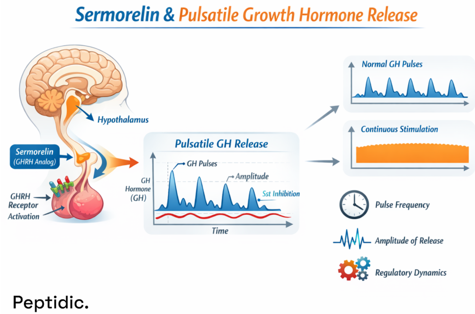 Sermorelin diagram showing pulsatile growth hormone release via hypothalamic GHRH receptor activation, comparing normal GH pulses with continuous stimulation and highlighting pulse frequency, amplitude, and regulatory dynamics.