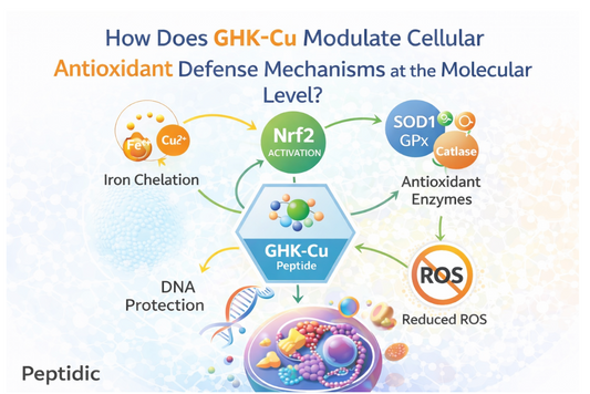 Diagram illustrates GHK-Cu binding copper ions and activating antioxidant signaling pathways that limit oxidative stress.