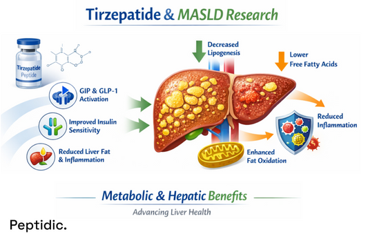 Tirzepatide MASLD research diagram showing GIP and GLP-1 receptor activation improving insulin sensitivity, reducing liver fat, decreasing inflammation, lowering free fatty acids, and enhancing hepatic fat oxidation for metabolic and liver health.