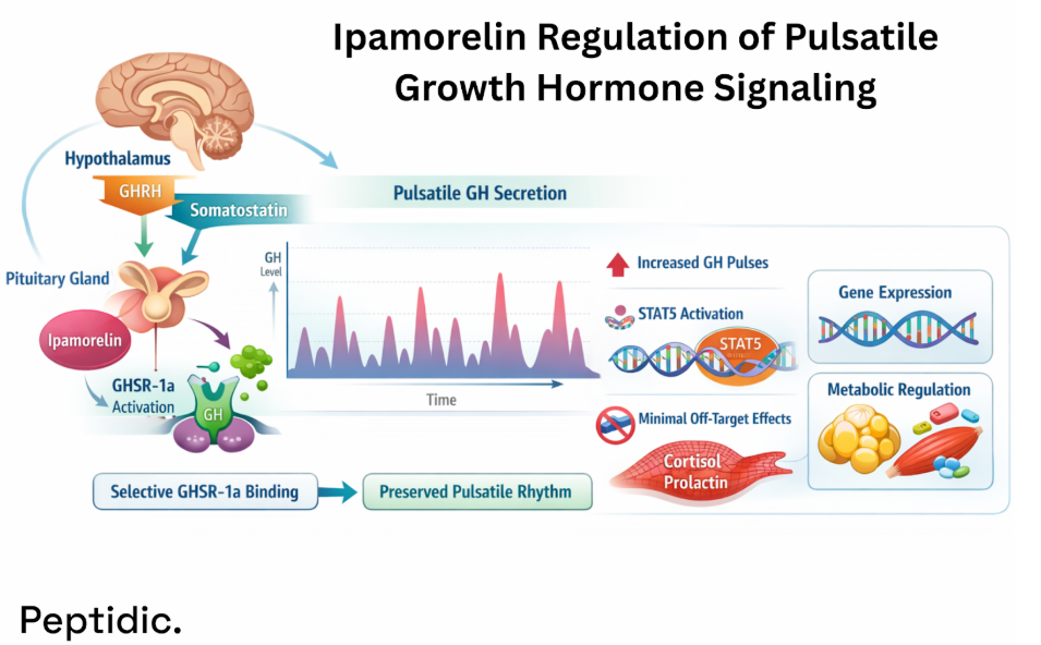 Diagram showing Ipamorelin regulating pulsatile growth hormone release via selective GHS-R1a activation and preserved hypothalamic rhythm.