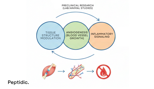 Image illustrating BPC-157 preclinical mechanisms: tissue structure modulation, angiogenesis, inflammatory signaling, musculoskeletal healing.
