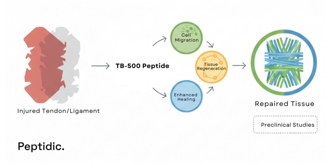 Diagram showing TB-500’s proposed preclinical mechanisms in soft-tissue repair and tendon recovery.