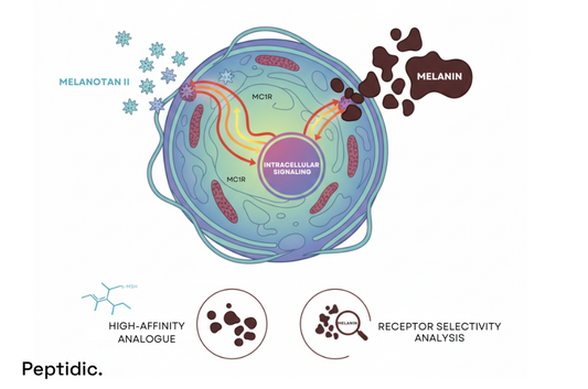 Diagram showing Melanotan II activating MC1R receptors to regulate melanin production in scientific skin studies.